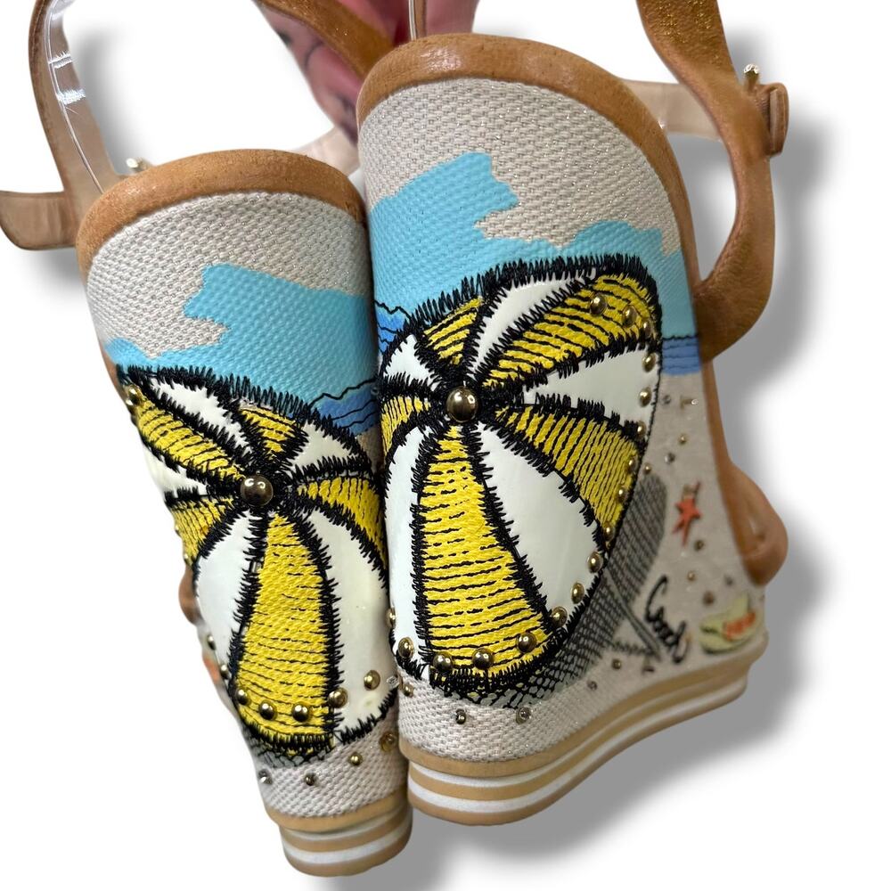 COACH Caroline Tan Leather Beach Embroidered Motifs Wedge Platform Sandals - Picture 5 of 16